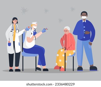 Old female sitting near nurse and waiting for vaccination. Protection against diseases and viruses for old patients. Time to get vaccinated against diseases. Stop Covid-19 concept. Flat vector