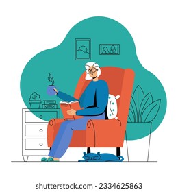 Old female sitting on armchair, holding book, reading and drinking hot tea. Grandparent does household chores. Flat vector illustration in blue and orange color in cartoon style