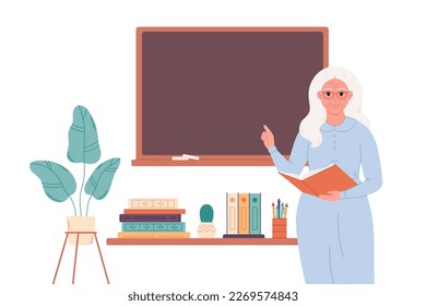 Old female teacher at classroom near blackboard. Education, lecture and lesson at school. Vector illustration in flat style