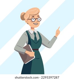 profesora anciana sonriendo mientras señala