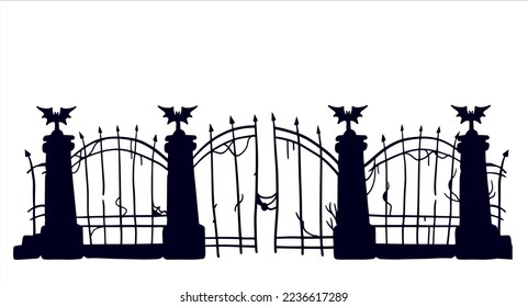 Old fence cemetery  Halloween decoration  Black silhouette gloomy wall  Flat illustration isolated white