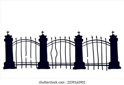 Old fence of cemetery. Halloween decoration. Black silhouette of gloomy wall. Flat illustration isolated on white