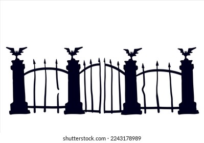 Old fence of cemetery. Halloween decoration. Black silhouette of gloomy wall.