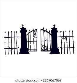 Old fence of cemetery. Halloween decoration. Black silhouette of gloomy wall.