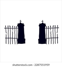 Old fence of cemetery. Halloween decoration. Black silhouette of gloomy wall. Flat illustration isolated on white