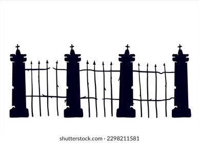 Alter Zaun des Friedhofs. Halloween-Dekoration. Schwarze Silhouette düsterer Wand. Flache Illustration einzeln auf Weiß