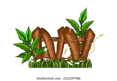 Old fence, grass, flowers and other plants. Fragment of a rural landscape. Vector illustration