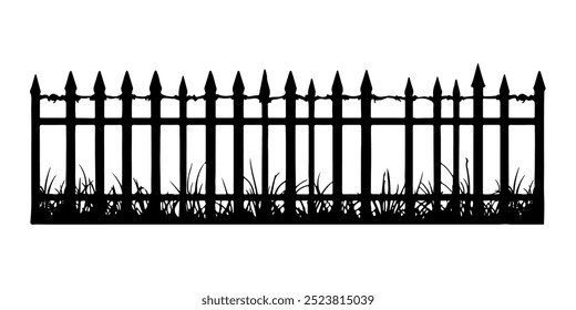 Old fence, graveyard fencing. Element silhouette fence of Halloween decor. Isolated on white background.
