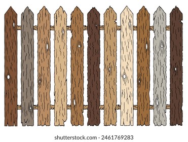 An old fence made of different types of wood. Tree color palette. Freehand drawing. Doodle. Hand Drawn. Outline.