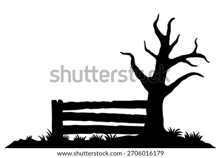 Old fence, tree and grass icon. Fencing. Black silhouette. Front side view. Vector simple flat graphic hand drawn illustration. Isolated object on white background. Isolate.