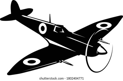 old fighter airplane, black and white, vector illustration