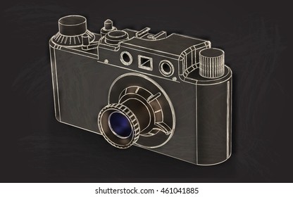 old film camera on a board painted white chalk color