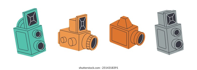 Câmera antiga, câmera retrô. Equipamento profissional de fotografia. Ilustração vetorial.