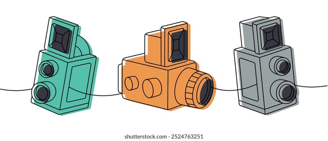 Câmera de filme antigo, câmera fotográfica retrô um desenho contínuo colorido linha. Equipamento profissional de fotografia. Ilustração linear de vetor.