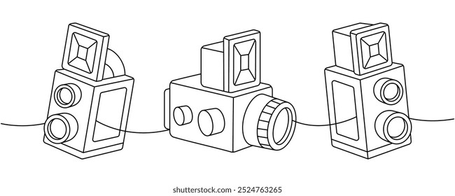 Câmera de filme antiga, câmera fotográfica retrô desenho contínuo de uma linha. Equipamento profissional de fotografia. Ilustração linear de vetor.