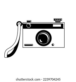 An old film camera. Vector cartoon illustration of a photo camera. Black and white, silhouette on. Black and white line illustration, retro coloring. 