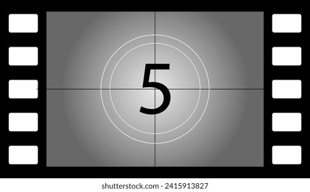 Old film countdown number 5. Flat, gray, number 5, old film countdown, retro film strip, cinematography design. Vector illustration