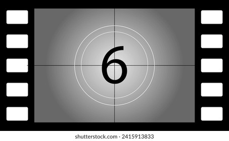 Old film countdown number 6. Flat, gray, old film countdown, number 6, retro film strip, cinematography design. Vector illustration