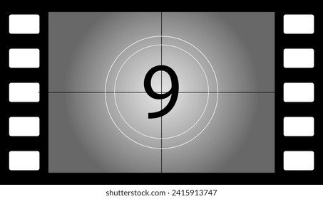 Old film countdown number 9. Flat, gray, number 9, retro film strip, old film countdown, cinematography design. Vector illustration
