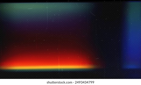 La luz de la película vieja filma la textura con rasguños, ruido, rayas iridiscentes. Efecto de destello de lente de arco iris, Filtrar de película de cámara con bokeh, polvo, grano. Película retro angustiada, efecto de quemado fotográfico. Vector 3D bg