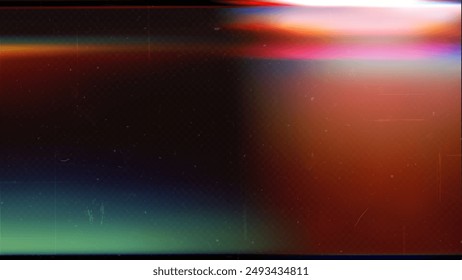 La luz de la película vieja filma la textura con rasguños, ruido, rayas iridiscentes. Efecto de destello de lente de arco iris, Filtrar de película de cámara con bokeh, polvo, grano. Película retro angustiada, efecto de quemado fotográfico. Vector 3D bg