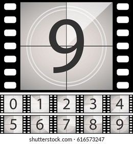 Old Film Movie Countdown Frame. Vintage Retro Cinema Vector Timer Count.