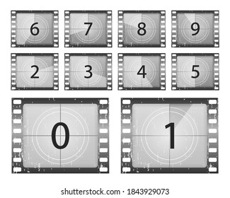  Old film movie timer count. Big set a classic film countdown frame at the number one, two, three, four, five, six, seven, eight and nine. Movies countdown vectors set. Vector Illustration, eps 10.