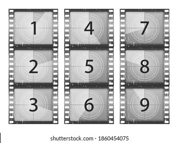 Old film movie timer count. Movies countdown vectors set. Big set a classic film countdown frame at the number one, two, three, four, five, six, seven, eight and nine. Vector Illustration, eps 10.