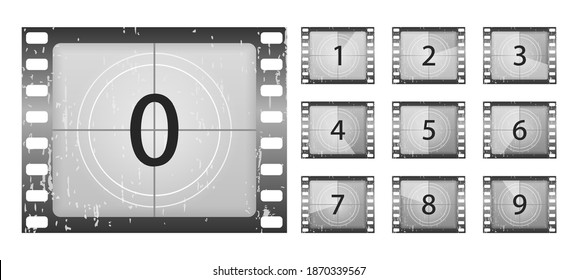 Old film movie timer count. Big set a classic film countdown frame at the number one, two, three, four, five, six, seven, eight and nine. Movies countdown vectors set. Vector Illustration, eps 10.