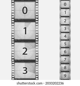 Alter Film Film-Timer zählen. Vintage-Stummfilm und Blankovollrahmen von Fotofilm. Filmrückstand einzeln auf weißem Hintergrund. Retro-Filmstreifen. Vektorgrafik, eps10.