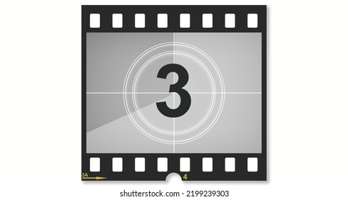 Old film movie with timer count number three, 3d rendering