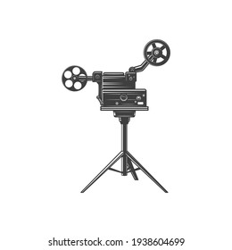 Old film projector isolated retro camera with reels monochrome icon. Vector retro movie camera on tripod, vintage motion picture symbol. Retro photocamera, film making machine, cinematography cam