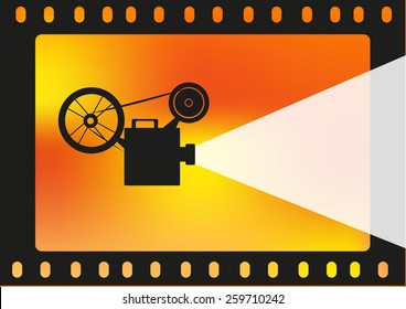 Old Film Projector On A Film And Film Burn. Concept For Film Industry Or School For Filmmaking, Production, Video Editing And Cinematography, Convention Etc. Editable Vector EPS10.