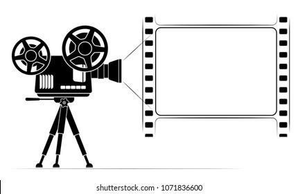 An old film projector on a tripod. Frame in the form of a film frame with perforation. Black outline.