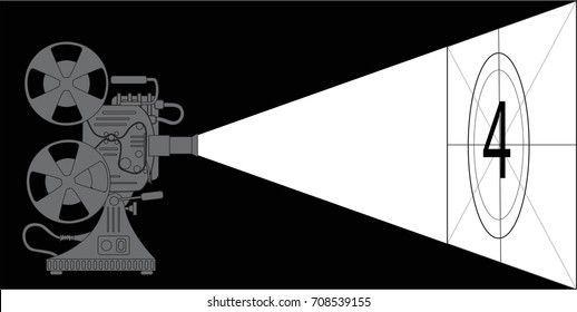 Old film projector projects the image on the screen