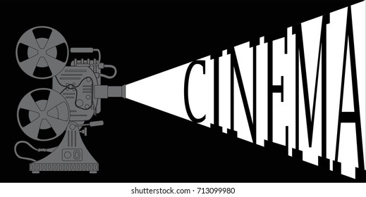 Old film projector projects the image on the screen