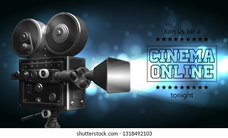 Old film projector with a ray of light on a background with highlights. 3D vector. High detailed realistic illustration