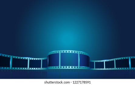 Old film strip frame on the blue background. Vector cinema festival poster, banner or flyer background. Art design reel cinema filmstrip template. Movie time and entertainment concept. EPS 10