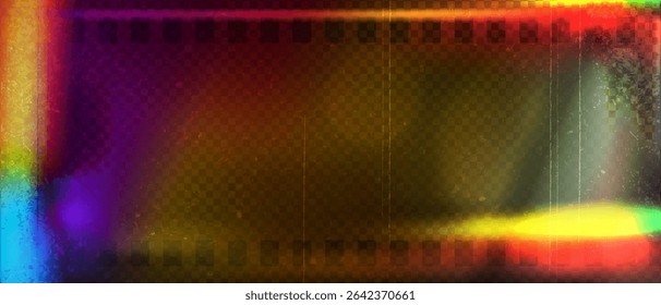 Old film strip leaking light rainbow rays overlay effect and noise texture, Scratched old film strip with grain and bokeh glare effect, Vector vintage background.