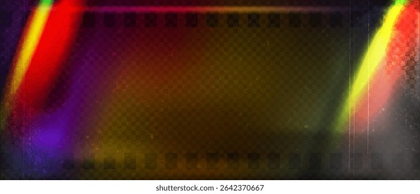 Old film strip leaking light rainbow rays overlay effect and noise texture, Scratched old film strip with grain and bokeh glare effect, Vector vintage background.