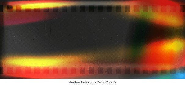 Old film strip leaking light rainbow rays overlay effect and noise texture, Scratched old film strip with grain and bokeh glare effect, Vector vintage background.