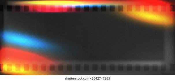 Old film strip leaking light rainbow rays overlay effect and noise texture, Scratched old film strip with grain and bokeh glare effect, Vector vintage background.