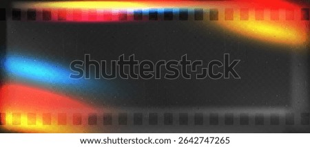 Old film strip leaking light rainbow rays overlay effect and noise texture, Scratched old film strip with grain and bokeh glare effect, Vector vintage background.
