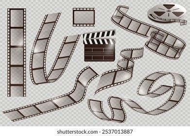 Elementos antigos do mega set da tira de filme em design gráfico plano. Coleção de objetos de cinema vintage cinematografia negativos, filmes modelos de slide em rolos, rolos de filme, clapper de diretor. Ilustração vetorial.