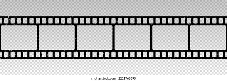 Old film strip seamless pattern. Repeated black filmstrip isolated on transparent background. Grunge effect exposure. Repeating clipping reel movie. Photo frame tape. Repeat roll. Vector illustration