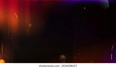 Old film texture with light leaks. Vector realistic illustration of distressed retro movie texture with scratches, noise, red and orange stripes, camera lens flare overlay effect, grungy background