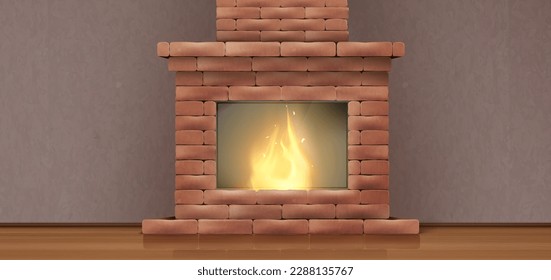 Old fireplace with fire and chimney in home interior. Empty room with wooden floor and brick hearth with mantelpiece and burning flame, vector realistic illustration