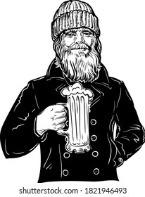 Old fisherman with a beard and a glass of beer sticker engraving style vector black white