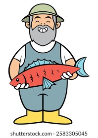 Old Fisherman Cartoon characters catch a Big Red Fish. Best for sticker, logo, and mascot with commercial fishing themes