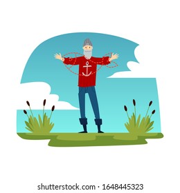 Old fisherman describing a big fish - cartoon hipster fisherman with red sweater and grey hat showing a size of his catch with arm gesture - isolated vector illustration